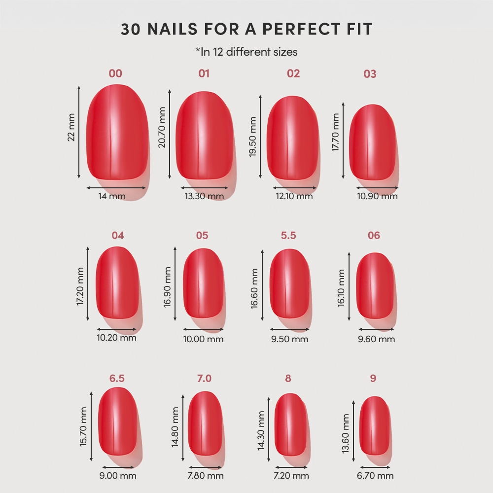 Chart displays 12 sizes of glamnetic Red Confidence press-on nails, each labeled by size with width and length in millimeters—ideal for a salon-quality manicure and perfect fit. - Product image