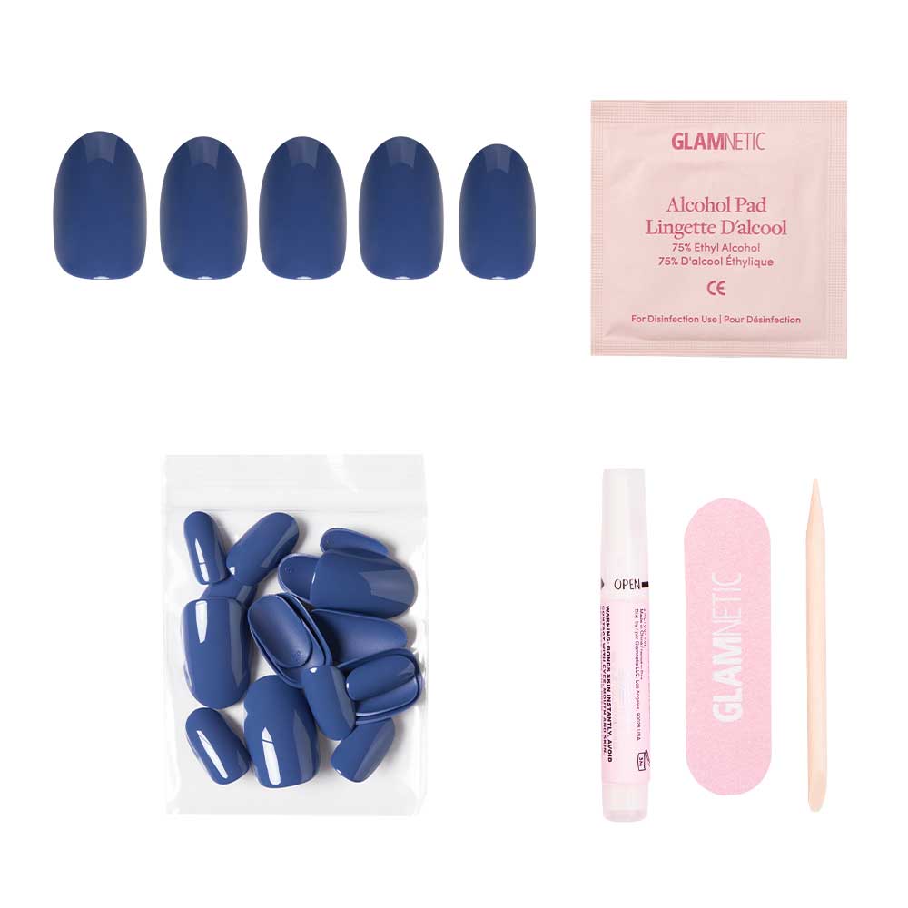 Regal Blue press-on nails set, including a glossy finish, alcohol pad, extra nails, nail glue, pink nail file, and wooden cuticle stick—everything for a vegan & cruelty-free manicure on a white background. - Product image