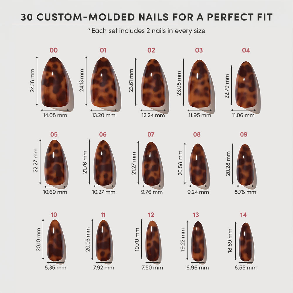 A chart displays 15 sizes of Rich Behavior almond-shaped press-on nails by glamnetic in brown and black tortoiseshell, showing each size's width and length in millimeters. - Product image