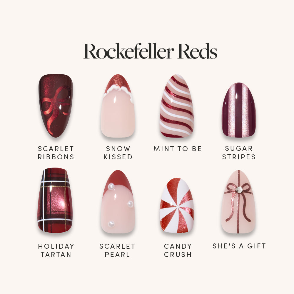 Eight artificial nails by glamnetic showcase festive red and white designs—featuring bows, stripes, plaid, pearls, and candy cane patterns—each with a unique holiday-themed name under the product title Rockefeller Reds. This salon-quality press-on nail bundle offers a convenient way to add instant seasonal flair to your look. - Product image