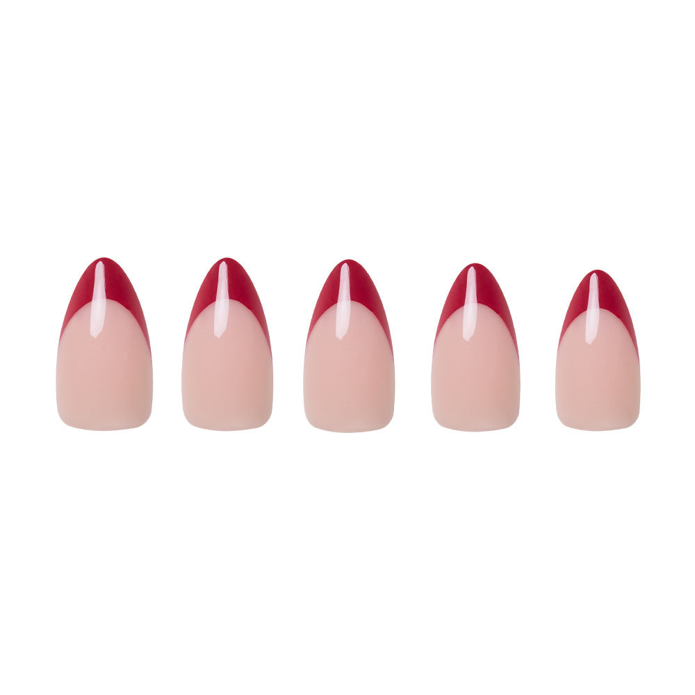 The Rose Garden Nail Set by glamnetic features five short almond nails with a nude base and deep red tips, each accented with a thin white vertical line down the center, displayed against a white background. - Product image