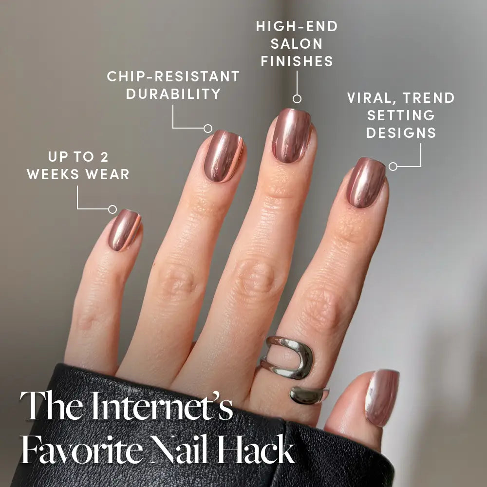 A hand displays glamorous, shiny metallic mauve nails from glamnetic’s Rose Gold collection, evoking the luxe look of press-ons. The text spotlights chip-resistant durability, up to 2 weeks of wear, high-end salon-quality finishes, and viral, trendsetting designs. The caption reads: The Internet’s Favorite Nail Hack. - Product image