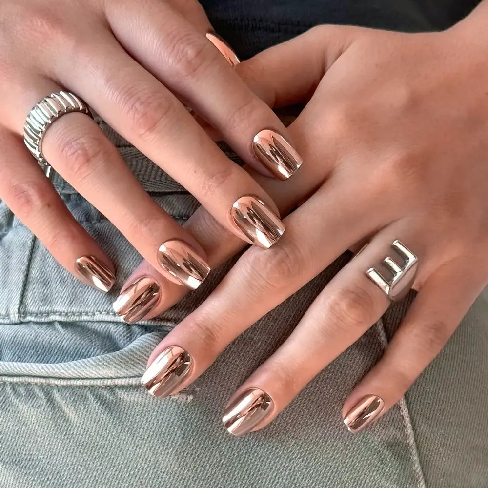 Rose Gold | Glamnetic Short Squoval Opaque High-Shine Metallic Chrome Finish Warm Luxe Hue Press On Nails