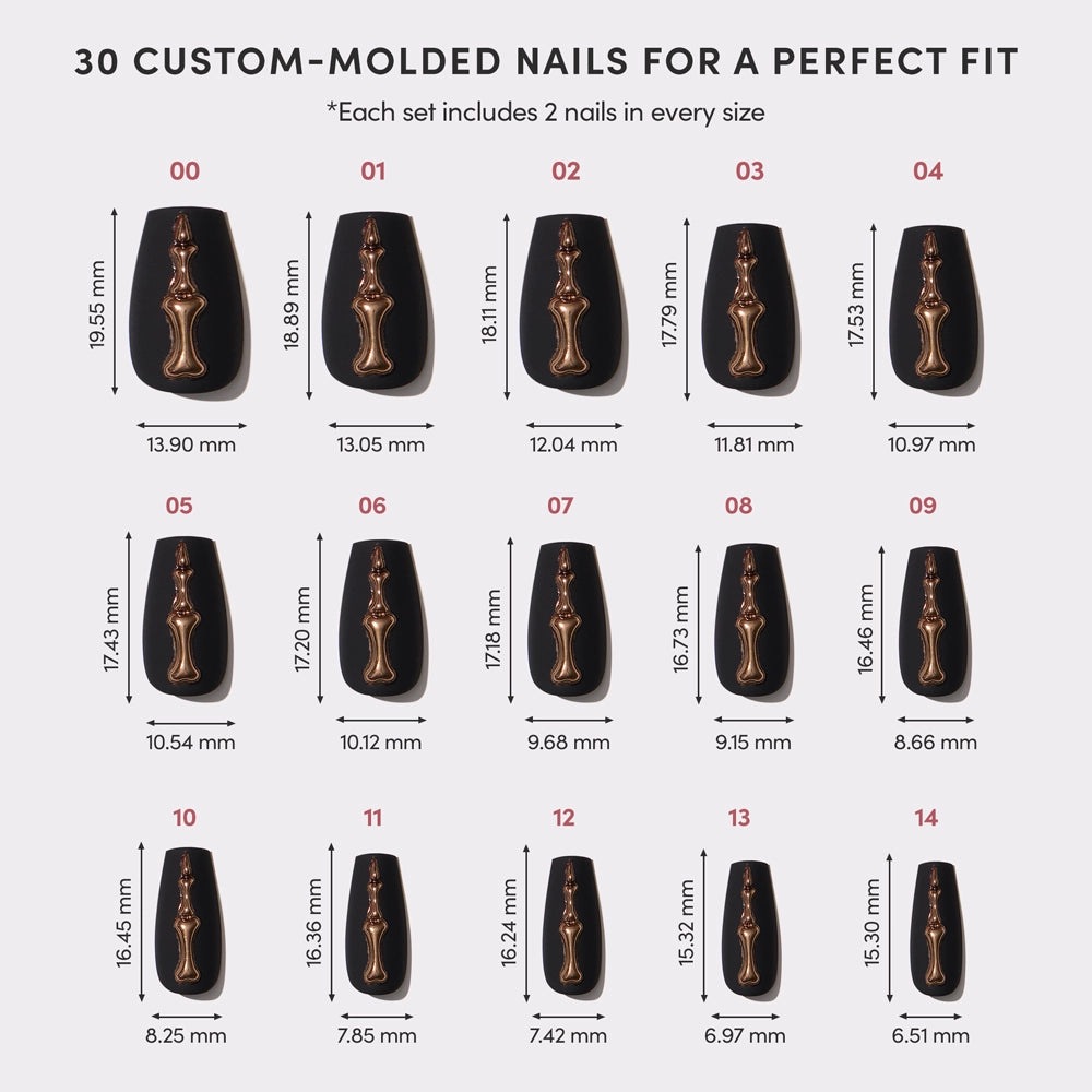 The Rosy Remains set by glamnetic offers 15 custom-molded nail sizes, each labeled in millimeters for height and width, with two nails per size—including 3D bone nail art—for a total of 30 nails to ensure the perfect fit. - Product image