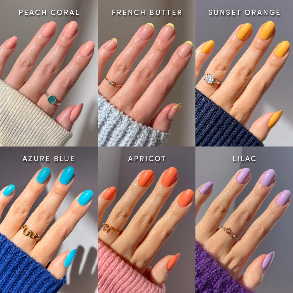 Six hands with manicured nails—each painted a different shade from glamnetic's Round Highlighter Set—show off salon-quality color on short, rounded nails in peach coral, French butter, sunset orange, azure blue, apricot, and lilac. Every hand is cozy in a sweater and finished with a distinctive ring.