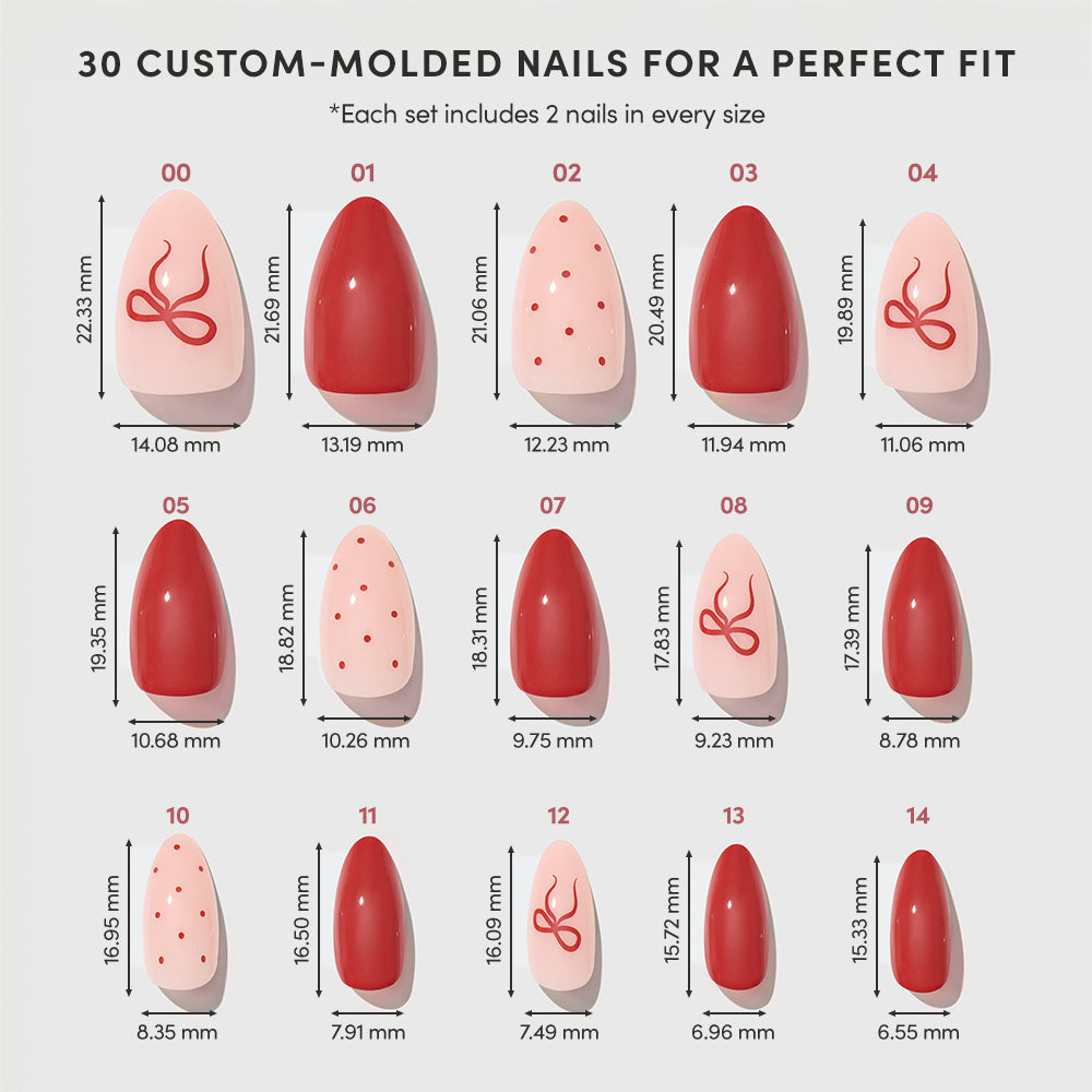 Royal Ribbons - A sizing chart for Royal Ribbons custom-molded almond press-on nails by glamnetic, showing 30 individual pieces labeled 00 through 14 with length and width dimensions for each size.