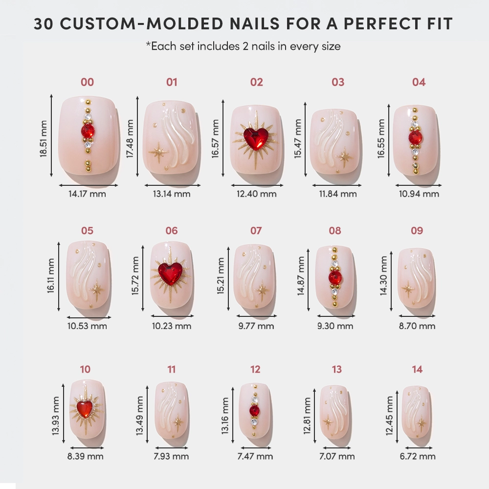 Ruby by glamnetic: a set of 15 custom-molded, short squoval nails with a pink base and glossy gold or red nail art—hearts, gems, and abstract lines. Each nail's size (in mm) is displayed for the perfect fit. - Product image