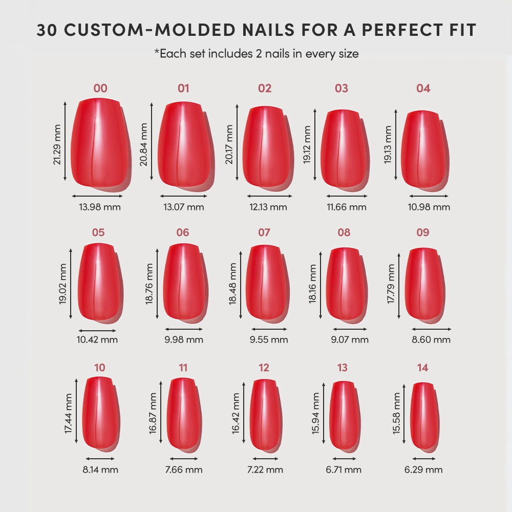 A chart shows 15 sizes of glamnetic’s Runway Red nails (00-14), each with salon-quality coffin shape. Millimeter lengths and widths are arranged in three rows, guiding you to achieve a perfect fit for stunning press-on manicures. - Product image