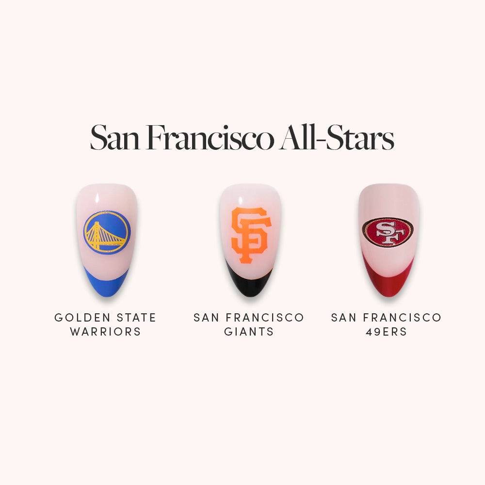 San Francisco All-Stars by glamnetic features press-on nails with official Golden State Warriors, San Francisco Giants, and San Francisco 49ers logos in sporty nail art.