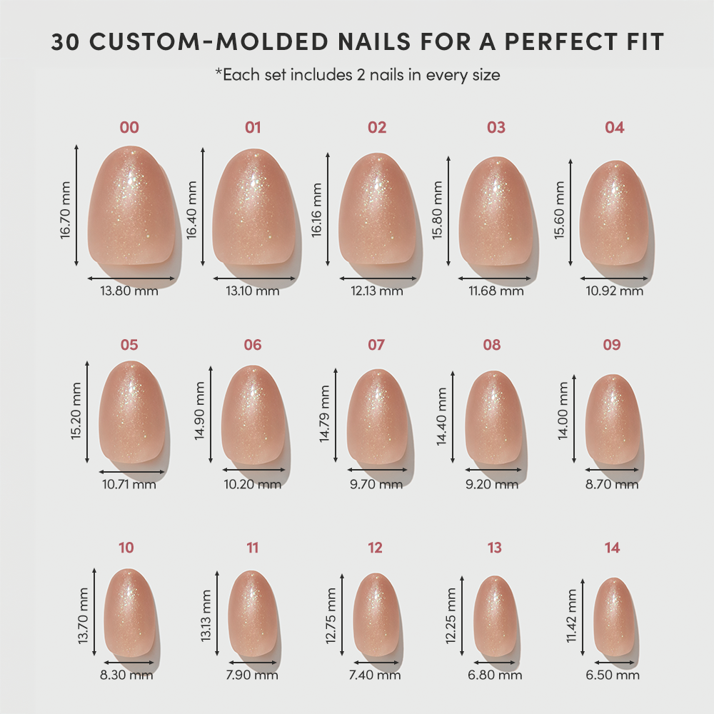 A glamnetic chart displays 30 Sparkly Brown nude, almond-shaped quick press manis in sizes 00–14, with measured widths and heights for a custom fit—perfect stick-on nails for effortless style. - Product image