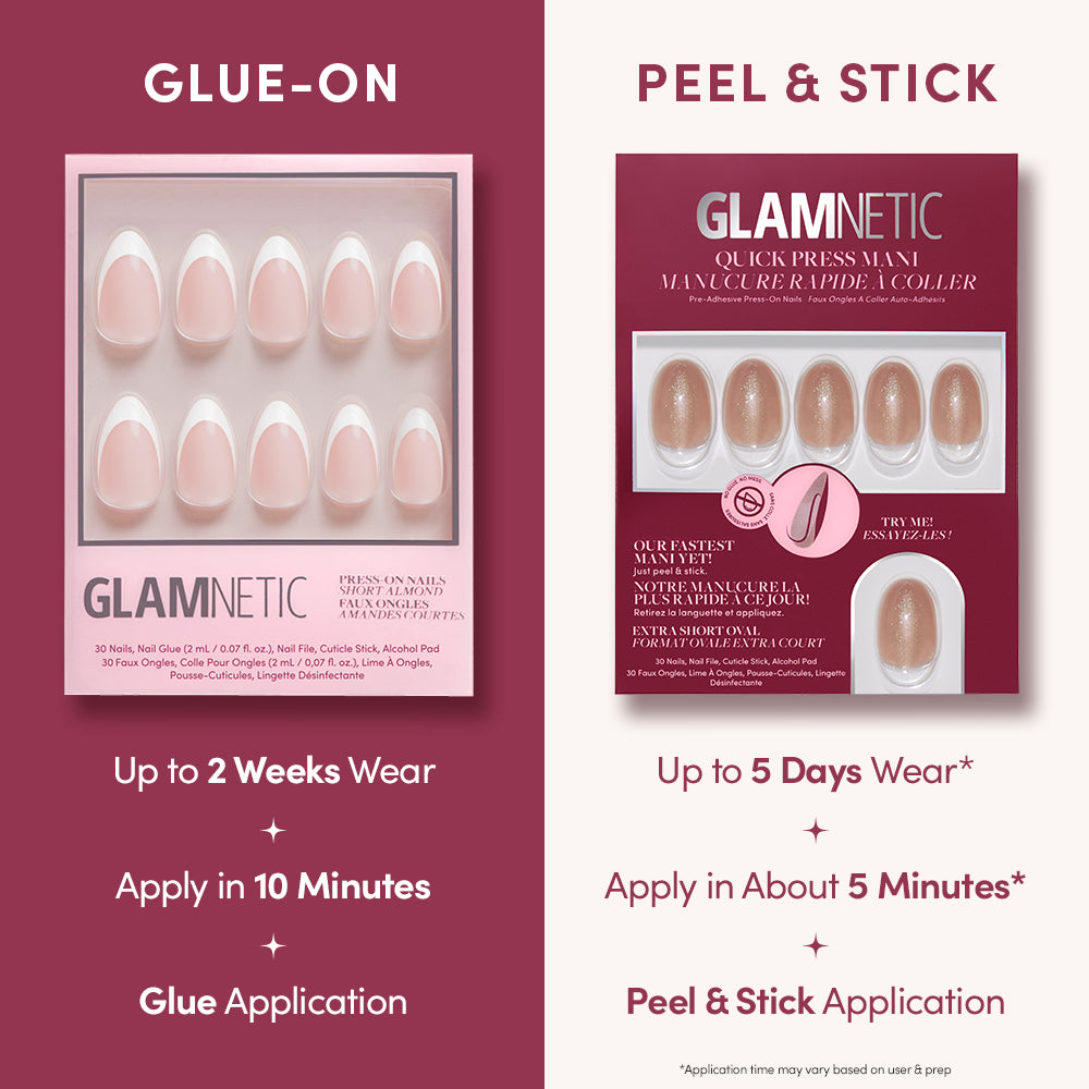 Comparison image shows two glamnetic Sparkly Brown press-on nail kits: Glue-On lasts up to 2 weeks, applies in 10 minutes with glue; Peel & Stick offers quick, no-glue manis lasting up to 5 days, applies in 5 minutes. - Product image
