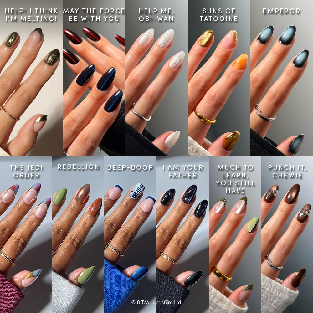 Four rows of manicured hands display the glamnetic STAR WARS™ | Glamnetic Full Collection of press-on nails, featuring limited edition, salon-quality designs labeled with characters or iconic phrases like “HELP! I THINK I’M MELTING!” and “MAY THE FORCE BE WITH YOU.” Styles and colors vary by theme throughout this exclusive collection.