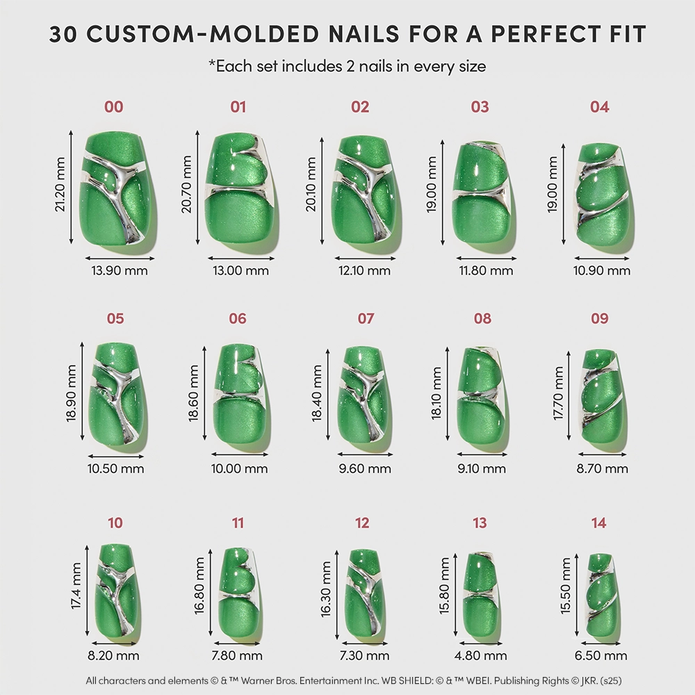 A chart displays the glamnetic Salazar Slytherin™ set: 30 custom green velvet coffin nails with silver accents, sorted by millimeter sizes—two of each size for a perfect fit. - Product image