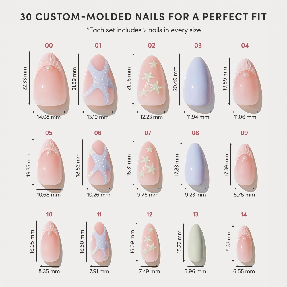 A 3x5 chart showcases 15 glamnetic Salty Waves Press-On Nail Sets, each with pastel ocean-inspired art and length/width measurements to fit all nail sizes. - Product image