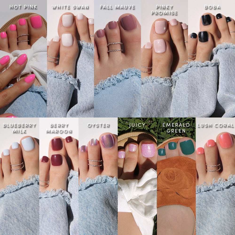 A collage displays ten glossy toe shades from glamnetic’s Sole Mates Pedi Bundle with ripped jeans: Hot Pink, White Swan, Fall Mauve, Pinky Promise, Boba, Blueberry Milk, Berry Maroon, Oyster, Juicy, Emerald Green & Lush Coral.