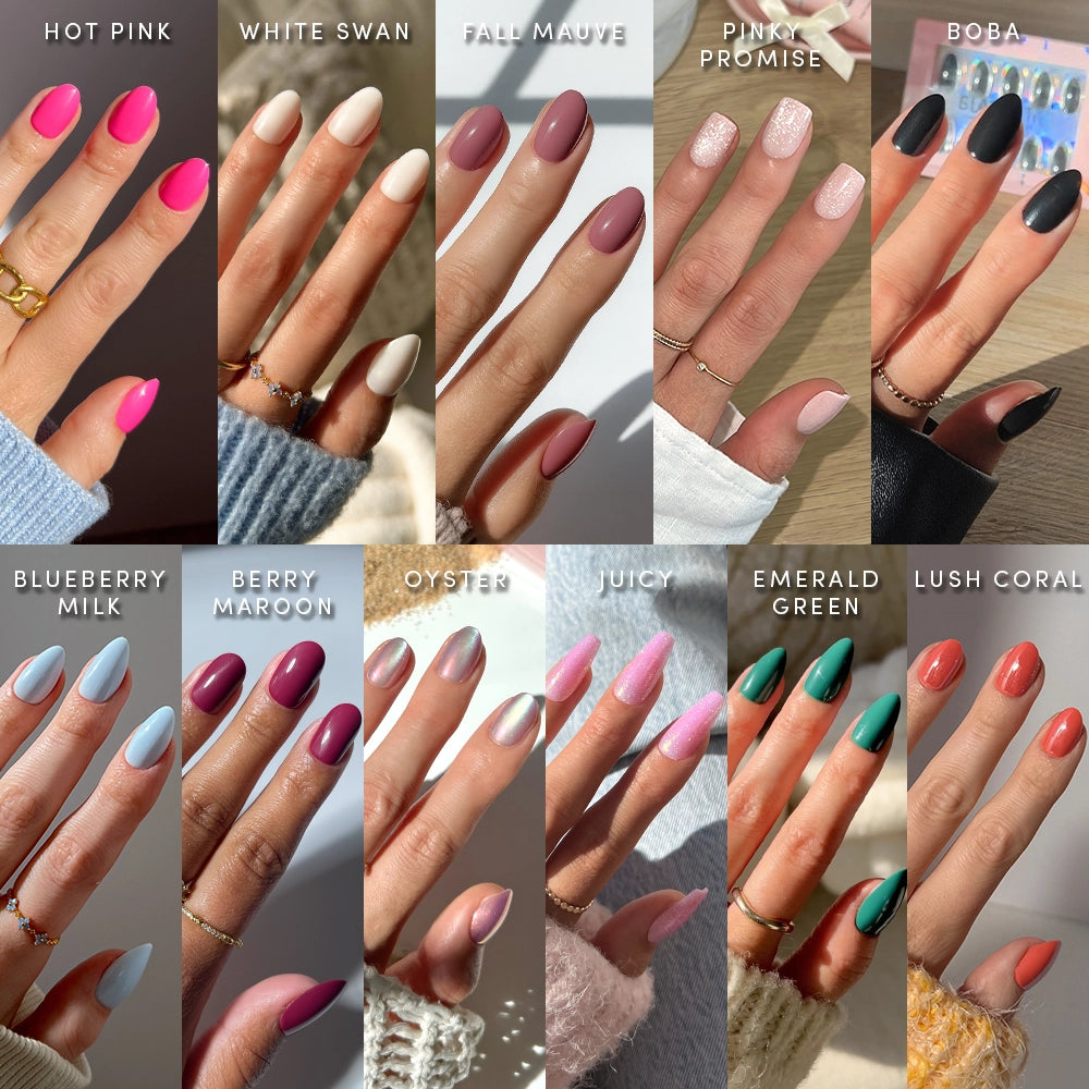 A collage of hands showcases ten vibrant shades from the Sole Mates Mani Bundle by glamnetic, perfect for customizing your own nail look or enhancing any manicure set.