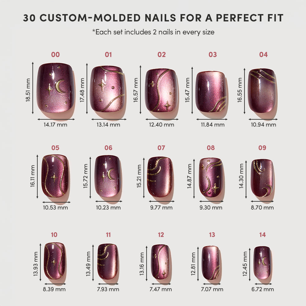 Scarlet Spell by glamnetic features a set of 15 glossy, deep red press-on nails with gold accents. These short squoval nails are arranged in two rows, with exact width and height measurements provided below each nail for a custom fit. - Product image