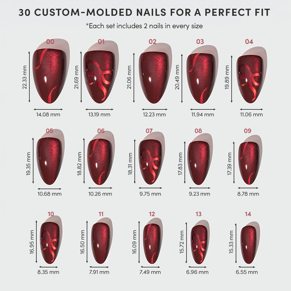 A chart of 15 pairs of almond-shaped, velvet effect Scarlet Ribbons press-on nails by glamnetic, each labeled with its specific length and width in millimeters. - Product image