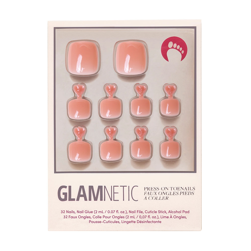 A box of Glamnetic press-on toenails in a glossy peach color.