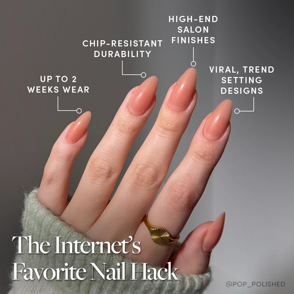 A hand with long, almond-shaped glamnetic Sheer Peach nails is shown, each labeled with benefits like chip-resistant durability, salon finish, viral design, up to 2 weeks wear, and a semi-transparent jelly look. Text: “The Internet’s Favorite Nail Hack.”. - Product image
