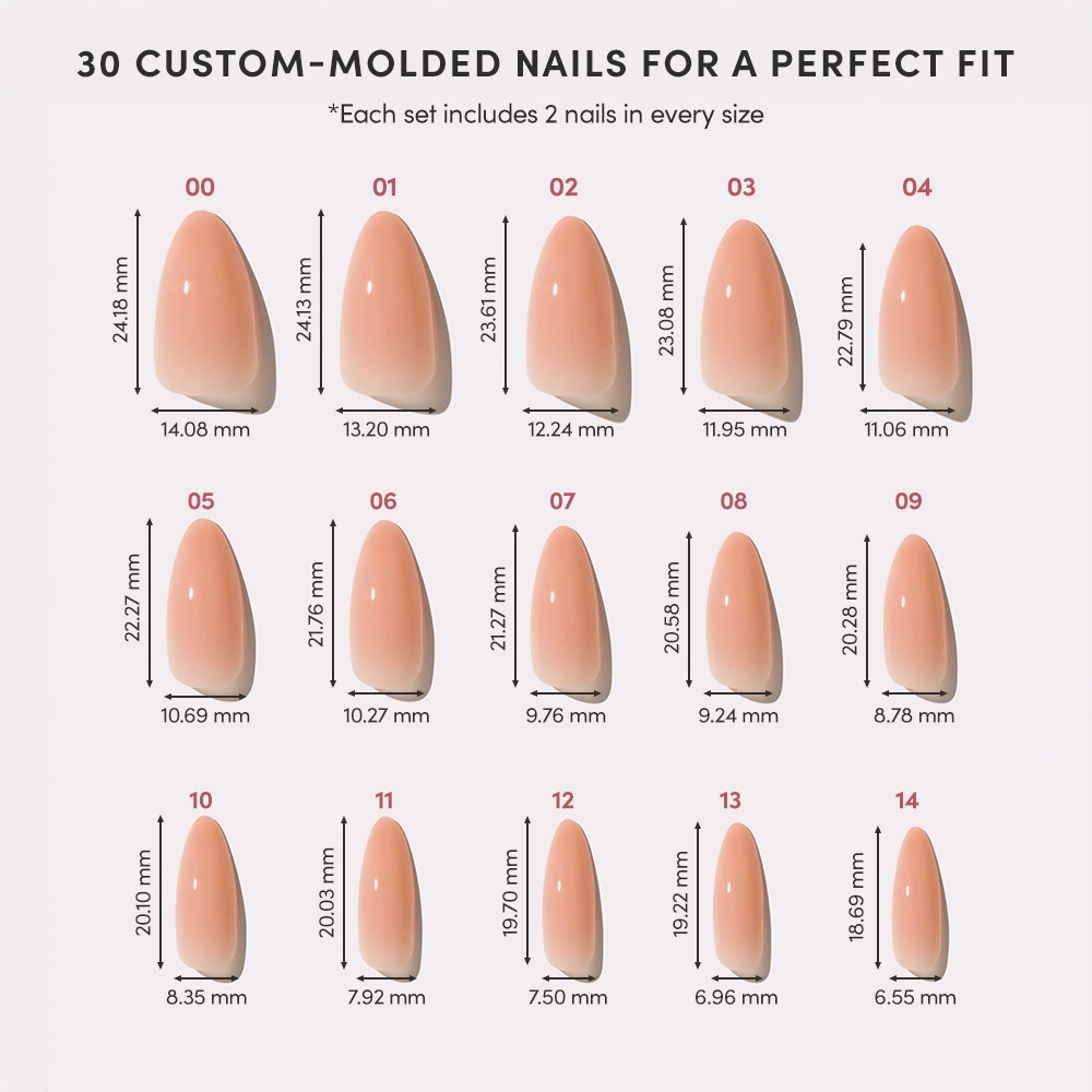 A chart displays 15 pairs of glamnetic Sheer Peach artificial nails (sizes 00–14) with width and length in millimeters. Arranged in rows, these semi-transparent jelly nails feature a natural pink shade. - Product image