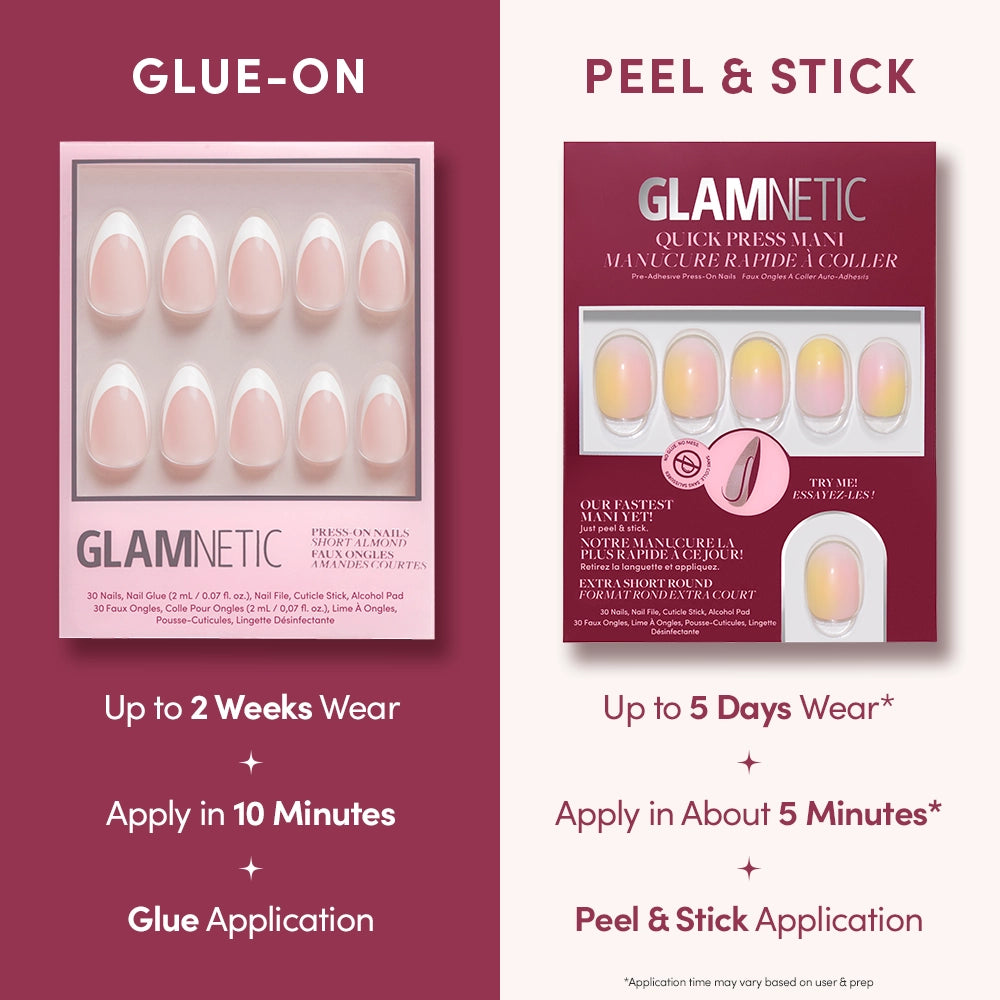 Side-by-side comparison of glamnetic Sherbert glue-on nails, lasting up to 2 weeks with glue, and Sherbert no-glue stick-on nails, which last up to 5 days and apply in about 5 minutes using peel & stick tabs. - Product image