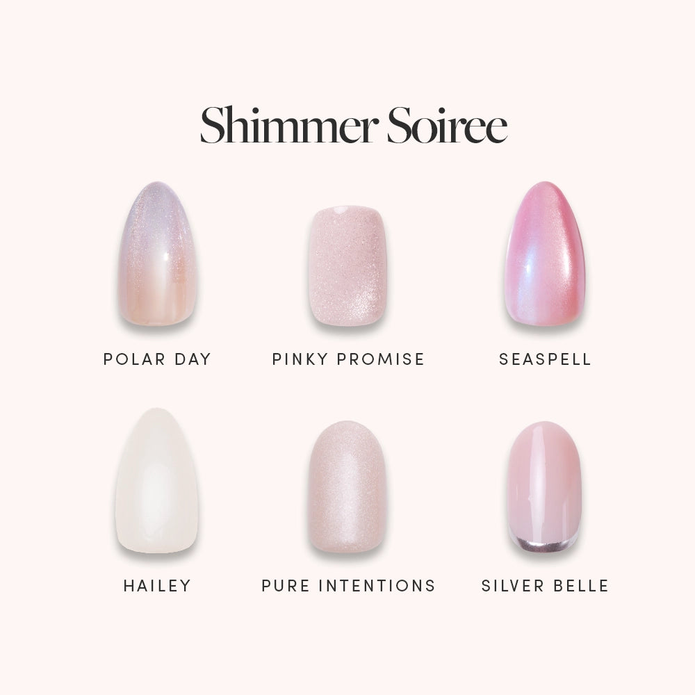 Six glamnetic nail polish swatches from the Shimmer Soiree Bundle—Polar Day, Pinky Promise, Seaspell, Hailey, Pure Intentions, and Silver Belle—shine in soft glam shades against a light background.
