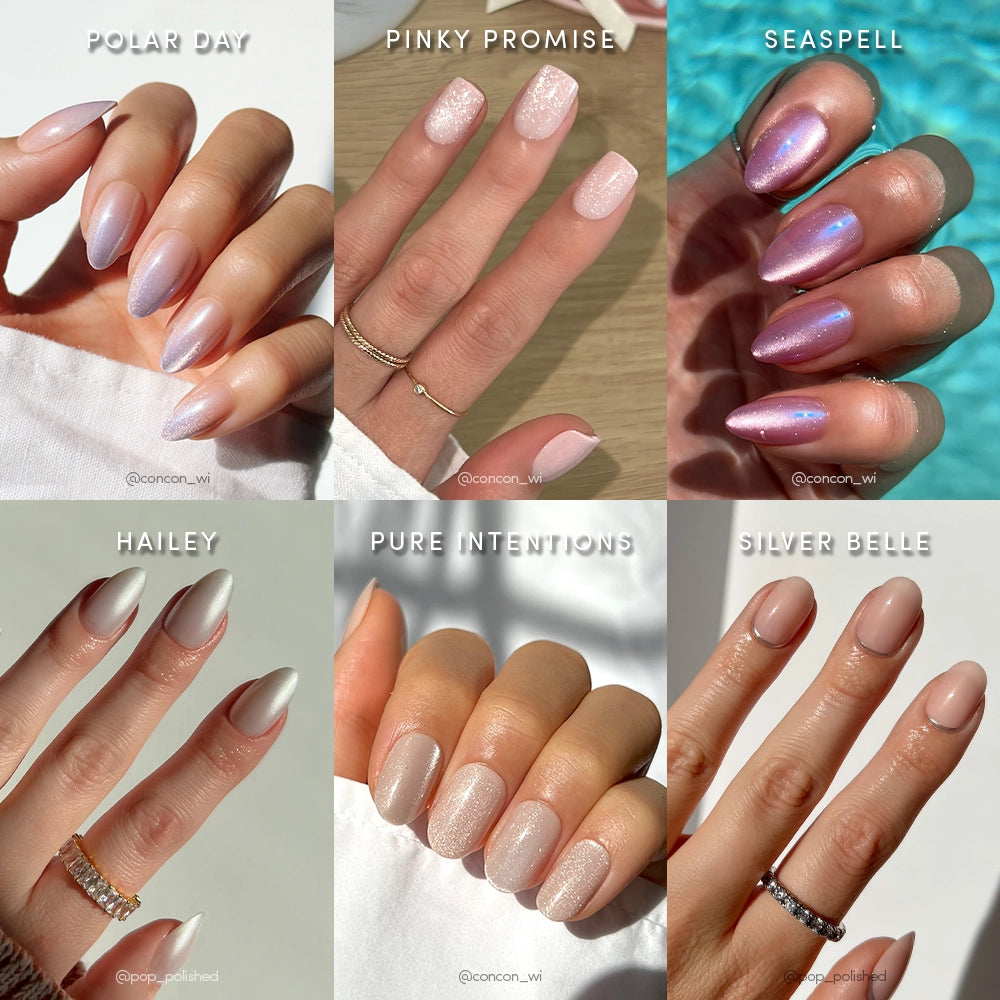 A collage of six photos showcases glamnetic's Shimmer Soiree Bundle, featuring manicured hands with short almond nails in pastel or nude soft glam styles: Polar Day, Pinky Promise, Seashell, Hailey, Pure Intentions, and Silver Belle.