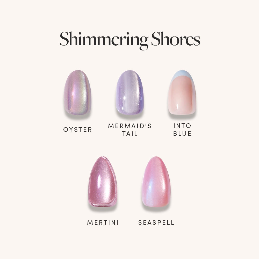 Glamnetic’s Shimmering Shores features five ocean-inspired press-on nails—Oyster, Mermaid’s Tail, Into Blue, Mertini, and Seaspell—in pastel and iridescent glazed finishes. - Product image