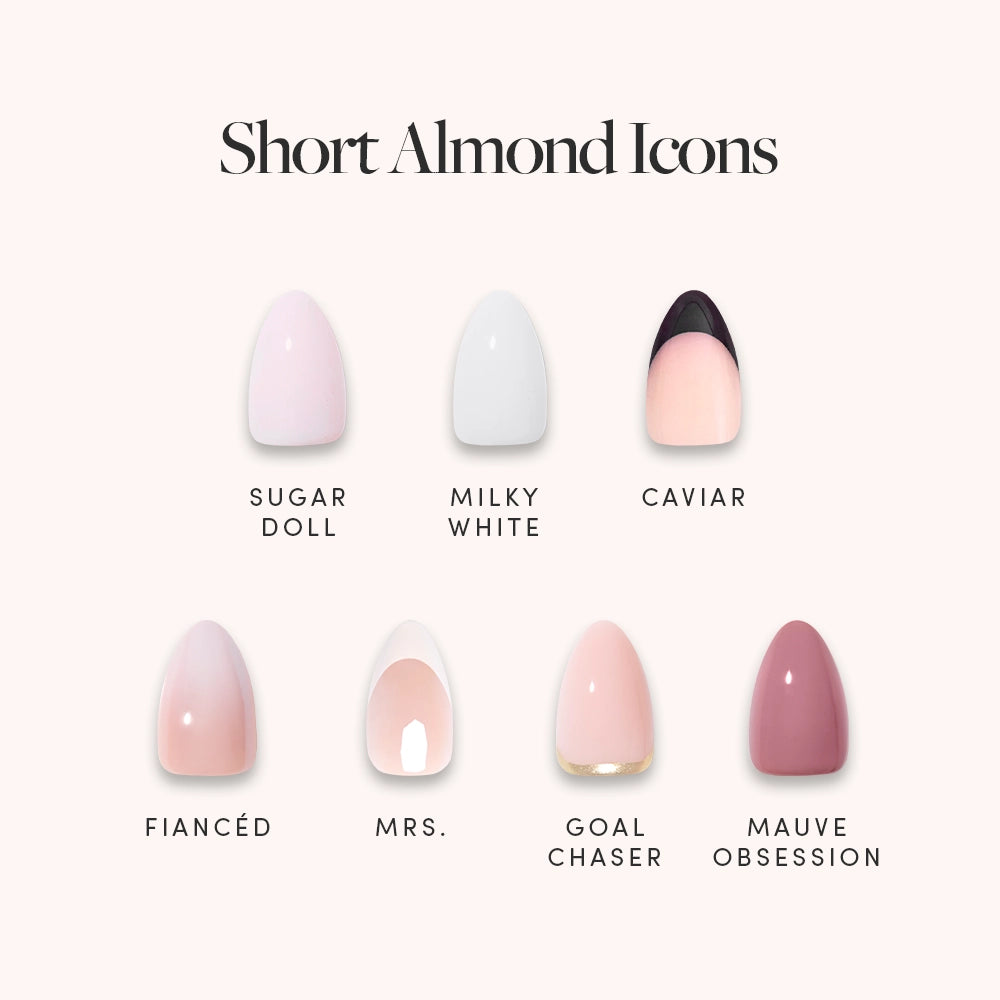 Six Short Almond Icons by glamnetic are showcased: Sugar Doll (light pink), Milky White (milky white), Caviar (French tip), Fiancé (pink ombré), Mrs. (half nude half pink), plus soft pink and mauve options.