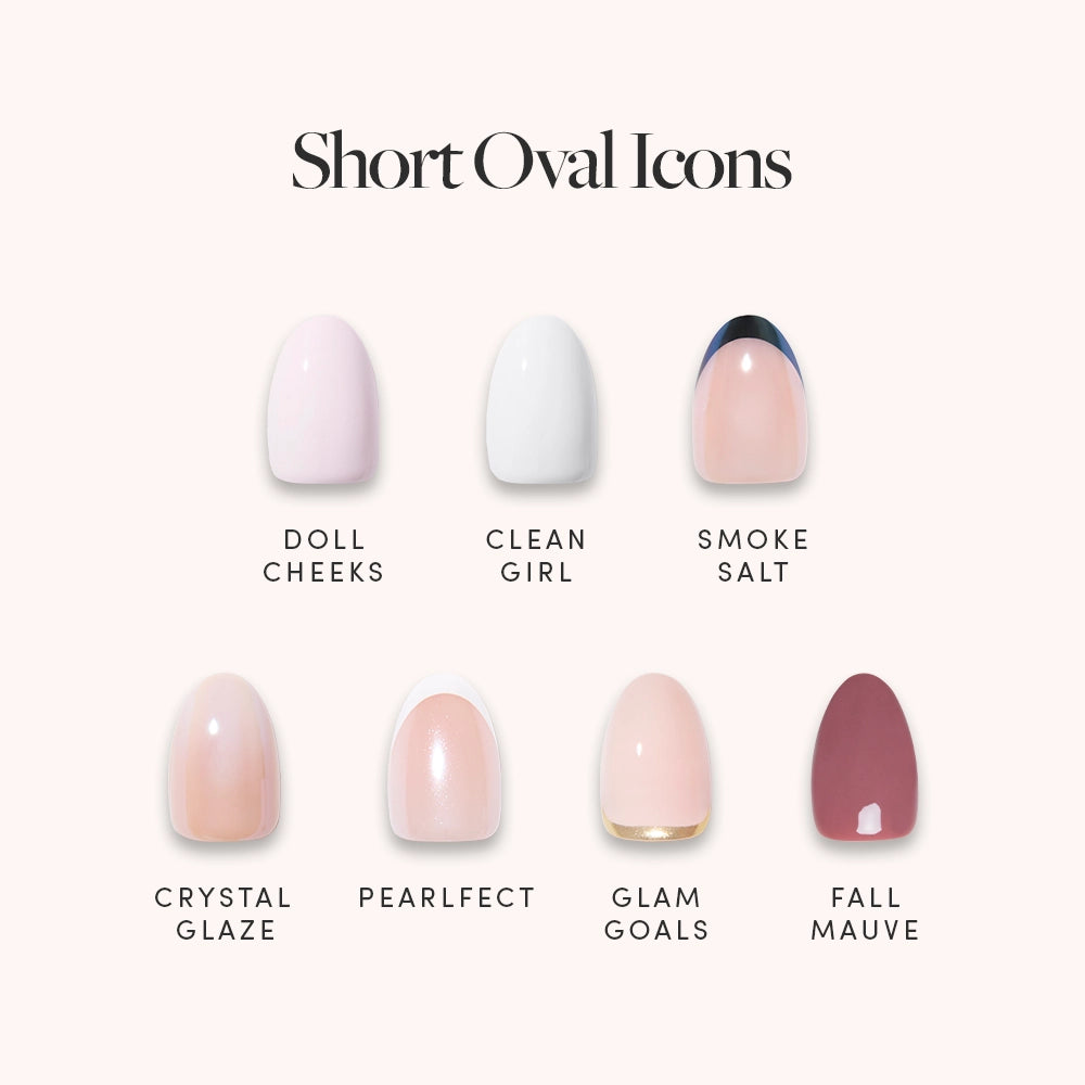 A display of glamnetic Short Oval Icons features seven effortless press-on nail designs—French tips like Smoke Salt and chic shades: Doll Cheeks, Clean Girl, Crystal Glaze, Pearlfiect, Glam Goals, and Fall Mauve.