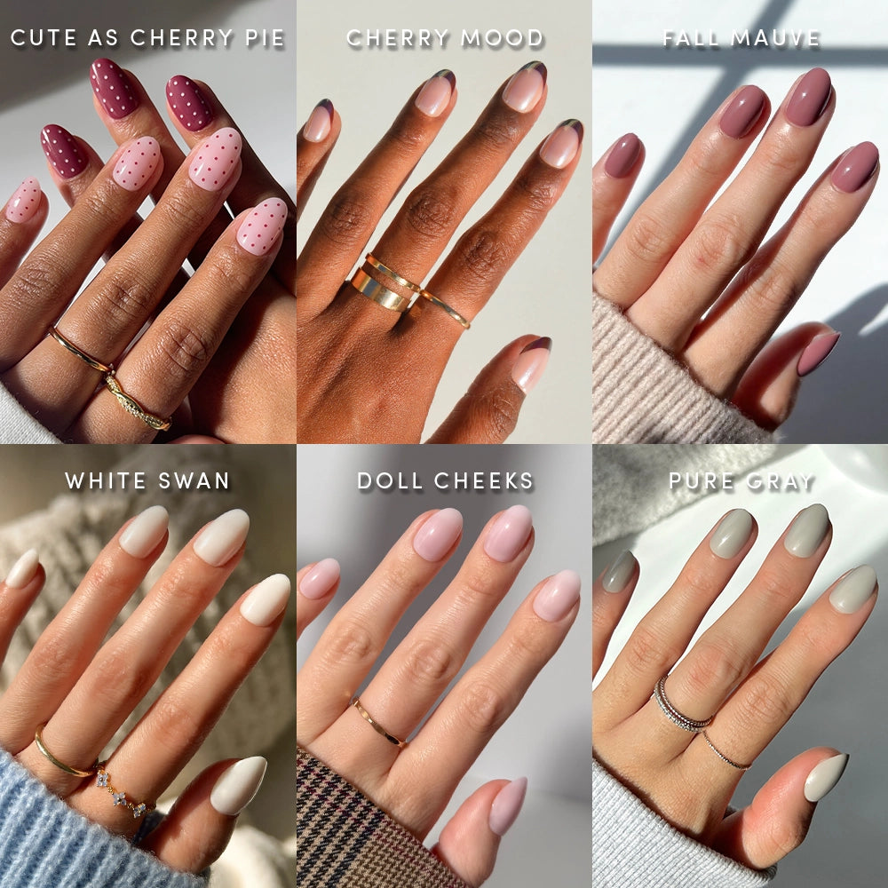 Six hands display salon-quality glamnetic Short Oval Semester nails in an array of styles and colors—pink polka dots, light pink, mauve, white, blush, and gray. Each long-lasting manicure is showcased with a unique name labeled above each hand.
