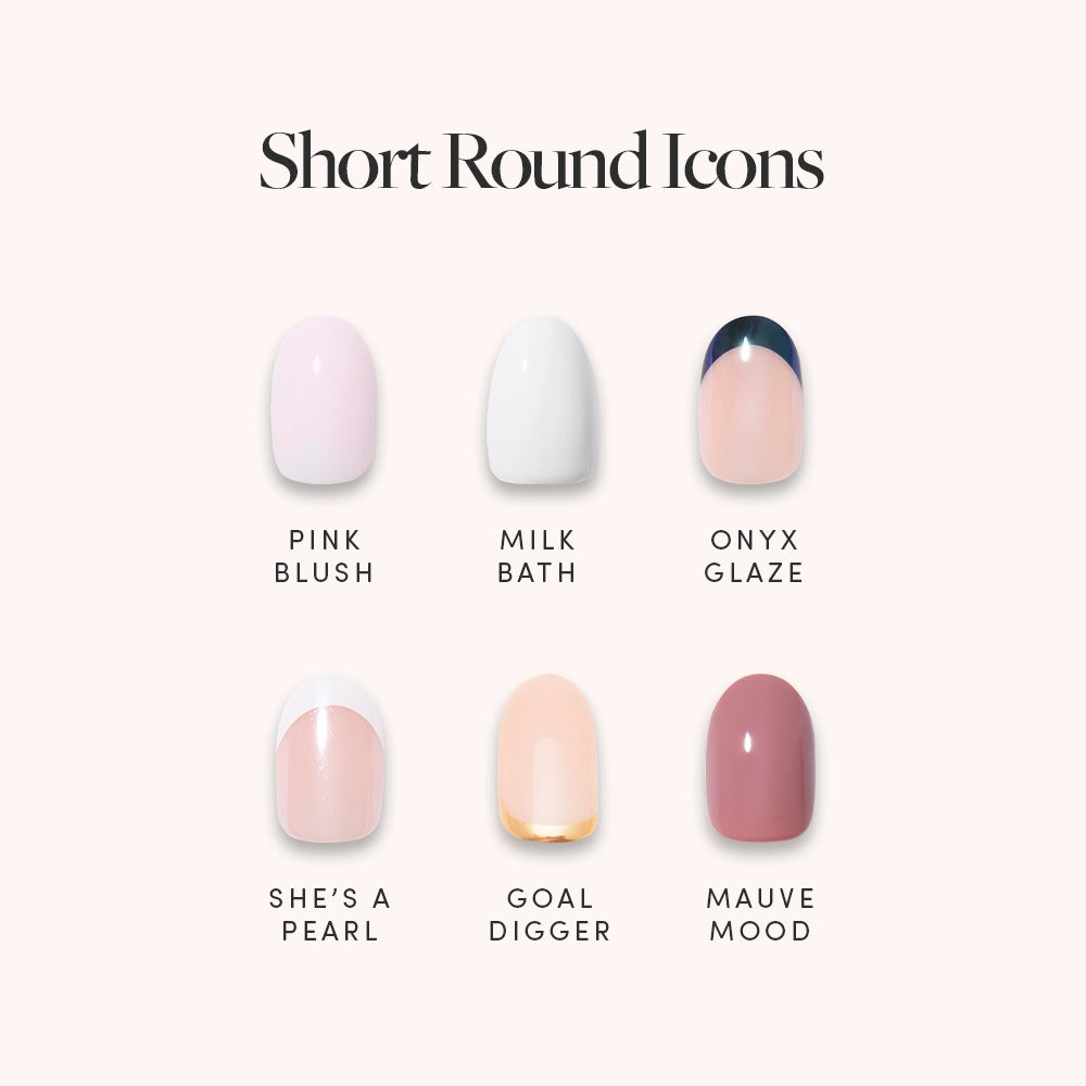 Six Short Round Icons press-on nails by glamnetic are shown in two rows, each with a distinct style: Pink Blush, Milk Bath, Onyx Glaze, She’s a Pearl, Goal Digger, and Mauve Mood. Each nail is labeled below its unique look.