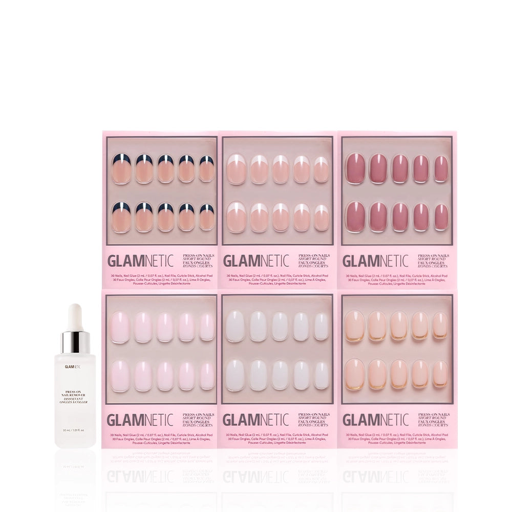 Six sets of glamnetic Short Round Icons press-on nails in pink and neutral shades, with French tips and milky finishes, come in pink boxes with a nail glue dropper, all arranged neatly on a white background. - Product image