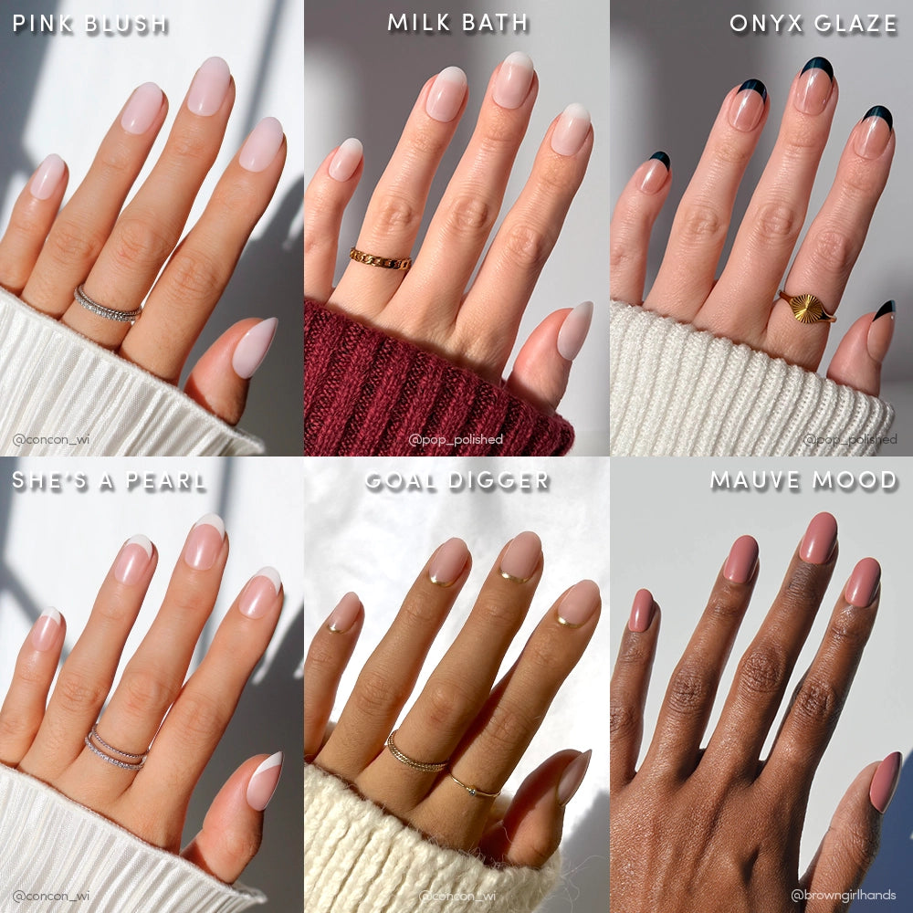 A collage of six hands wearing glamnetic’s Short Round Icons: Pink Blush (light pink), Milk Bath (milky), Onyx Glaze (black French tip), She’s a Pearl (pearl finish), Goal Digger (gold accents), and Mauve Mood (mauve).