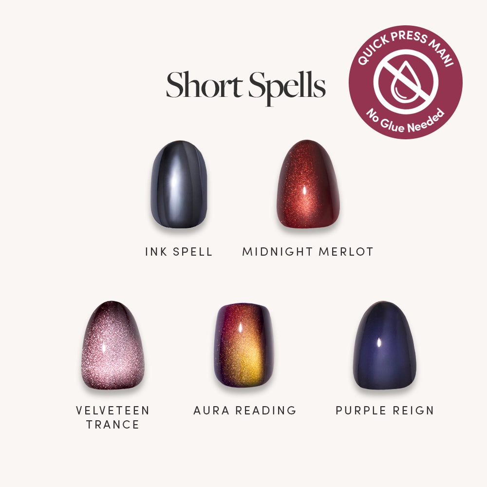 The “Short Spells” extra short nail set from glamnetic features five uniquely painted oval-shaped artificial nails: dark gray (Ink Spell), deep red (Midnight Merlot), mauve pink (Velveteen Trance), a yellow-to-purple gradient (Aura Reading), and deep purple (Purple Reign). These no-glue press-on nails offer effortless application and stylish variety in seconds.