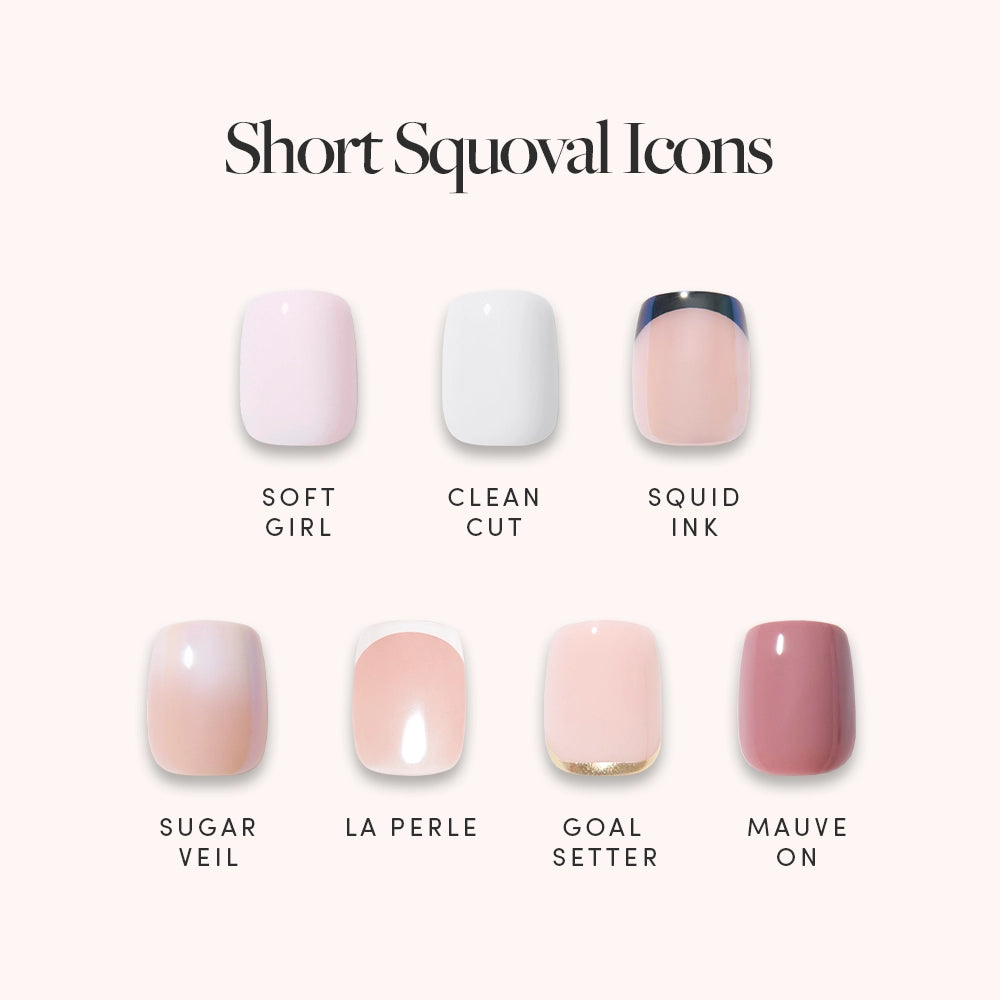 Seven Short Squoval Icons press-on nails by glamnetic are displayed in various colors and finishes, labeled: Soft Girl, Clean Cut, Squid Ink, Sugar Veil, La Perle, Goal Setter, and Mauve On. - Product image