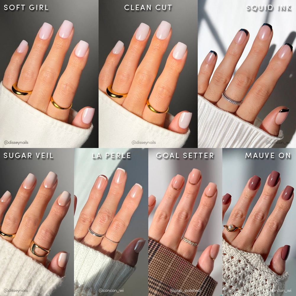 A collage of eight hands showcases glamnetic’s Short Squoval Icons press-on nails, featuring milky and French tip styles in nude, pink, white, taupe, and mauve shades. Each manicure is labeled and paired with minimal gold or silver rings. - Product image