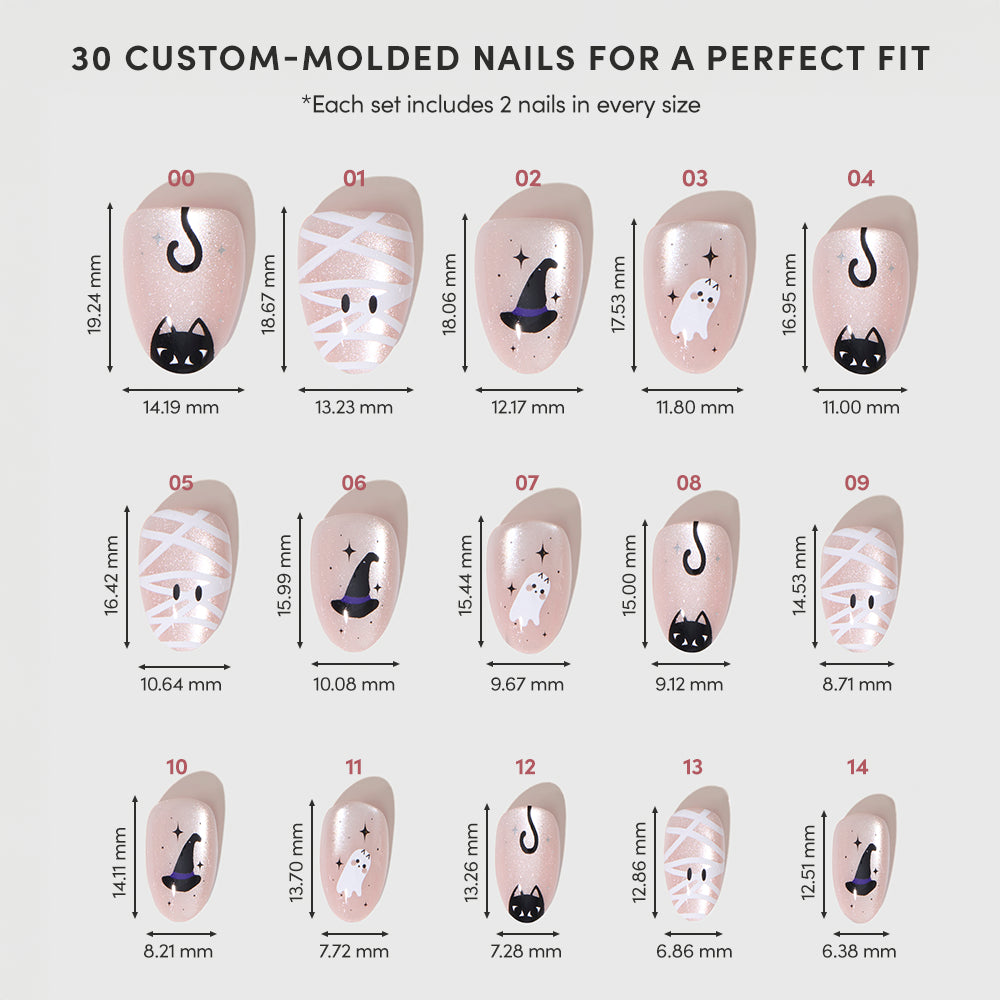 A chart titled Shriek Boutique by glamnetic showcases 15 Halloween-inspired press-on nail designs, numbered 00-14. Each of the 30 custom-molded nails is displayed with precise length and width measurements in millimeters, featuring a short oval manicure style. With two nails included per size, finding your perfect velvet set is effortless. - Product image