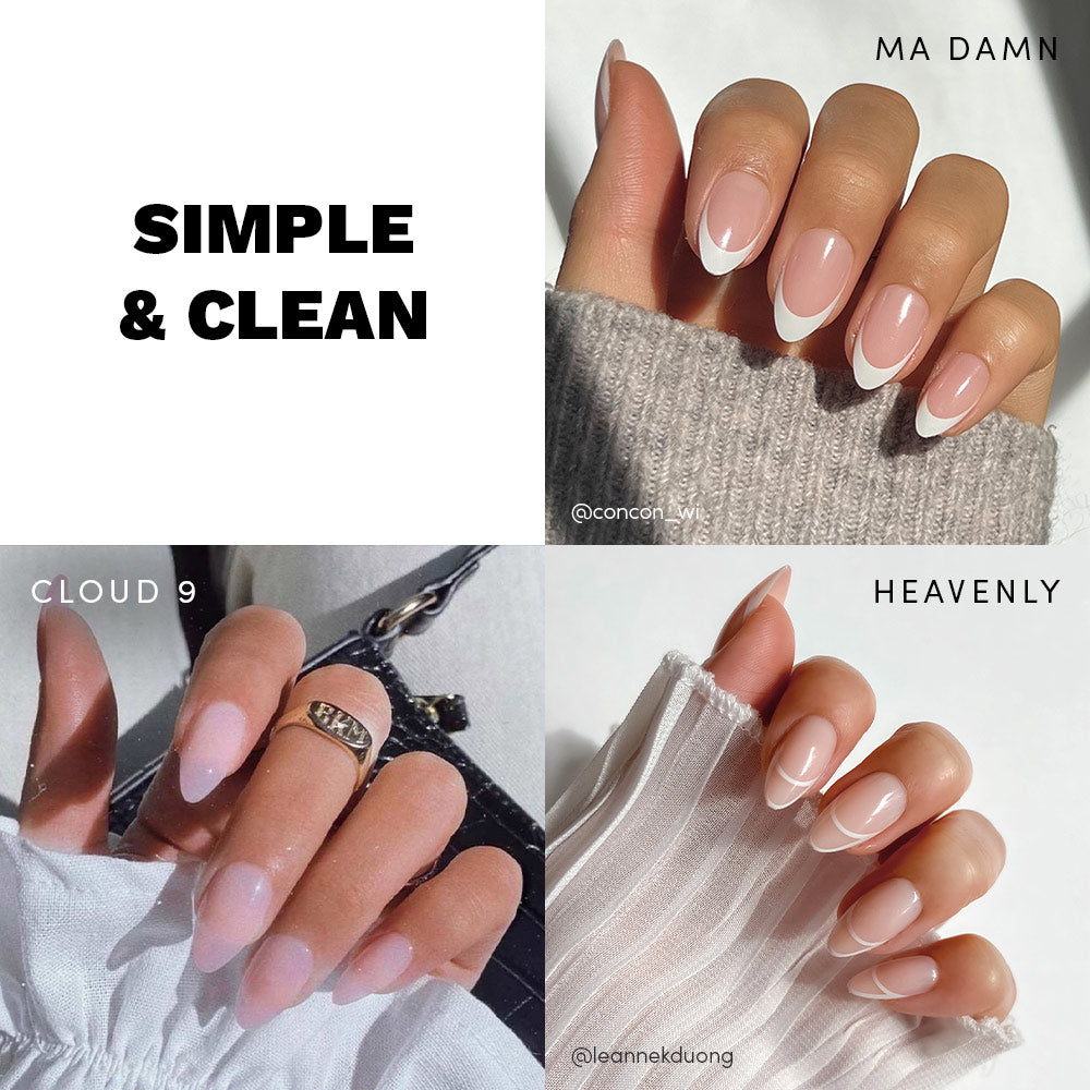 A collage of three manicured nail styles—bold white French tips, sheer pale pink, and glossy nude—showcases Simple & Clean by glamnetic. The text reads Simple & Clean and glamnetic.
