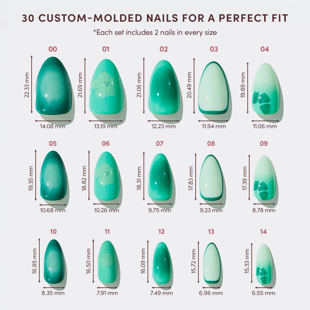 A chart displays 15 sizes of glamnetic Siren Green Press-On Nails, each in millimeters. The aquamarine gradient offers mermaid-inspired glam, with 30 nails (2 per size) to ensure a flawless fit. - Product image