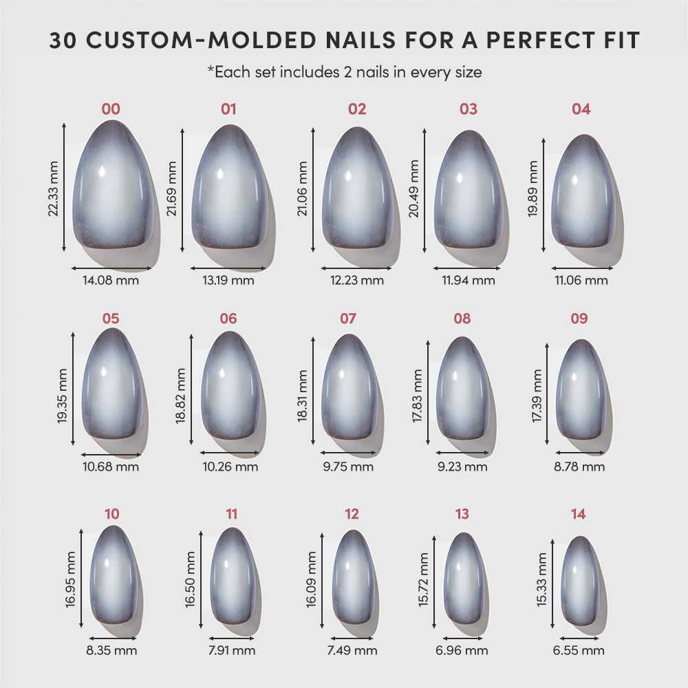 Chart displaying 15 different sizes of Smoke N’ Mirrors custom-molded press-on nails by glamnetic, each labeled with a number and detailed measurements in millimeters for length and width. The image highlights versatile fitting options, ensuring a perfect match with salon-quality durability. - Product image
