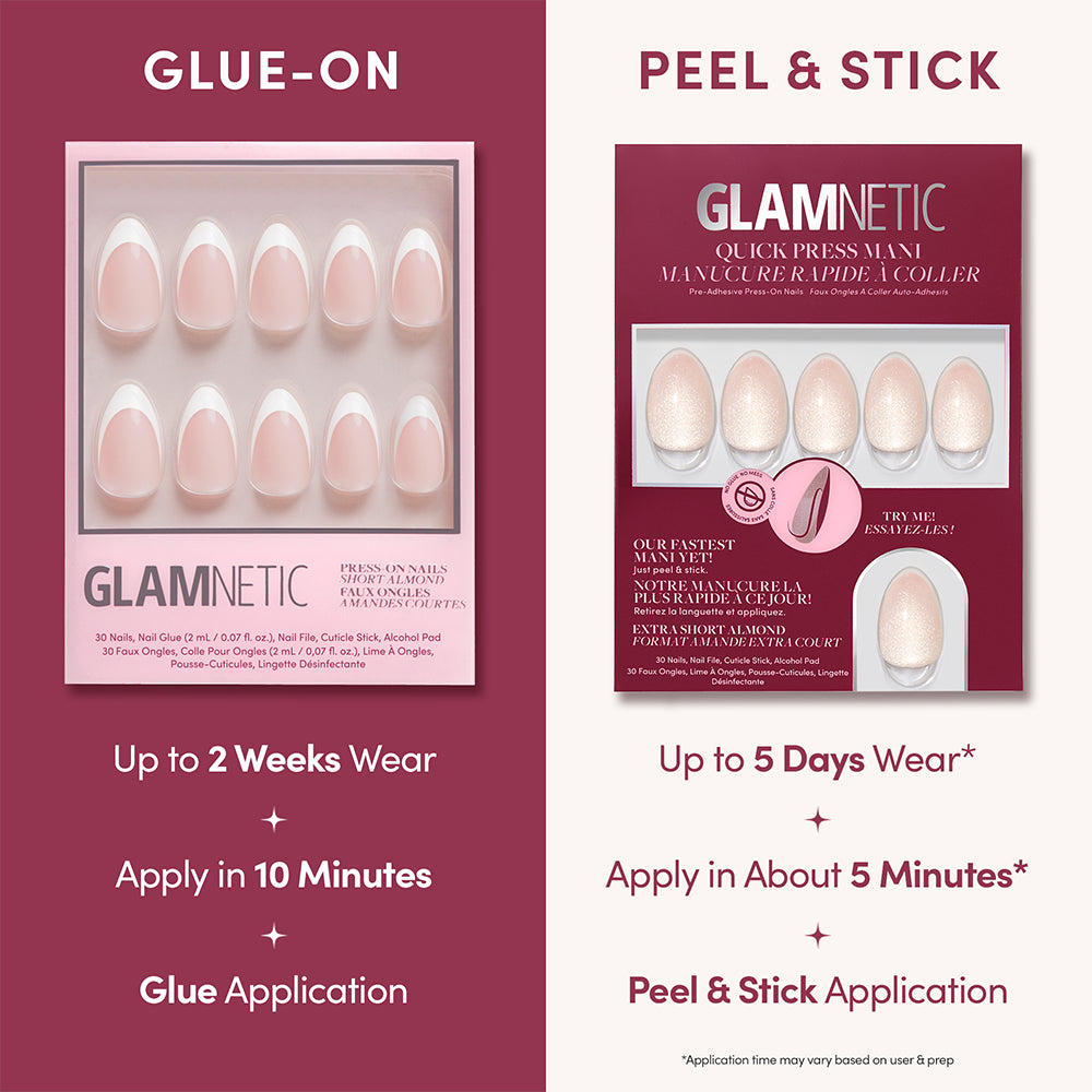 Comparison chart of two cruelty-free Snow Haze press-on nail kits, featuring a glue-on set with a 10-minute application time and a peel-and-stick set with a 5-minute application time for a salon-quality mani. - Product image