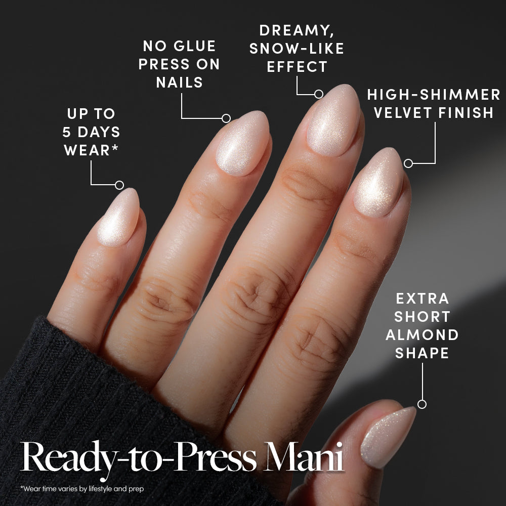 Glamnetic Snow Haze nails feature a short almond shape with a shimmery white velvet, snow-like finish in a glue-free, five-day wear, salon-quality press-on set. - Product image