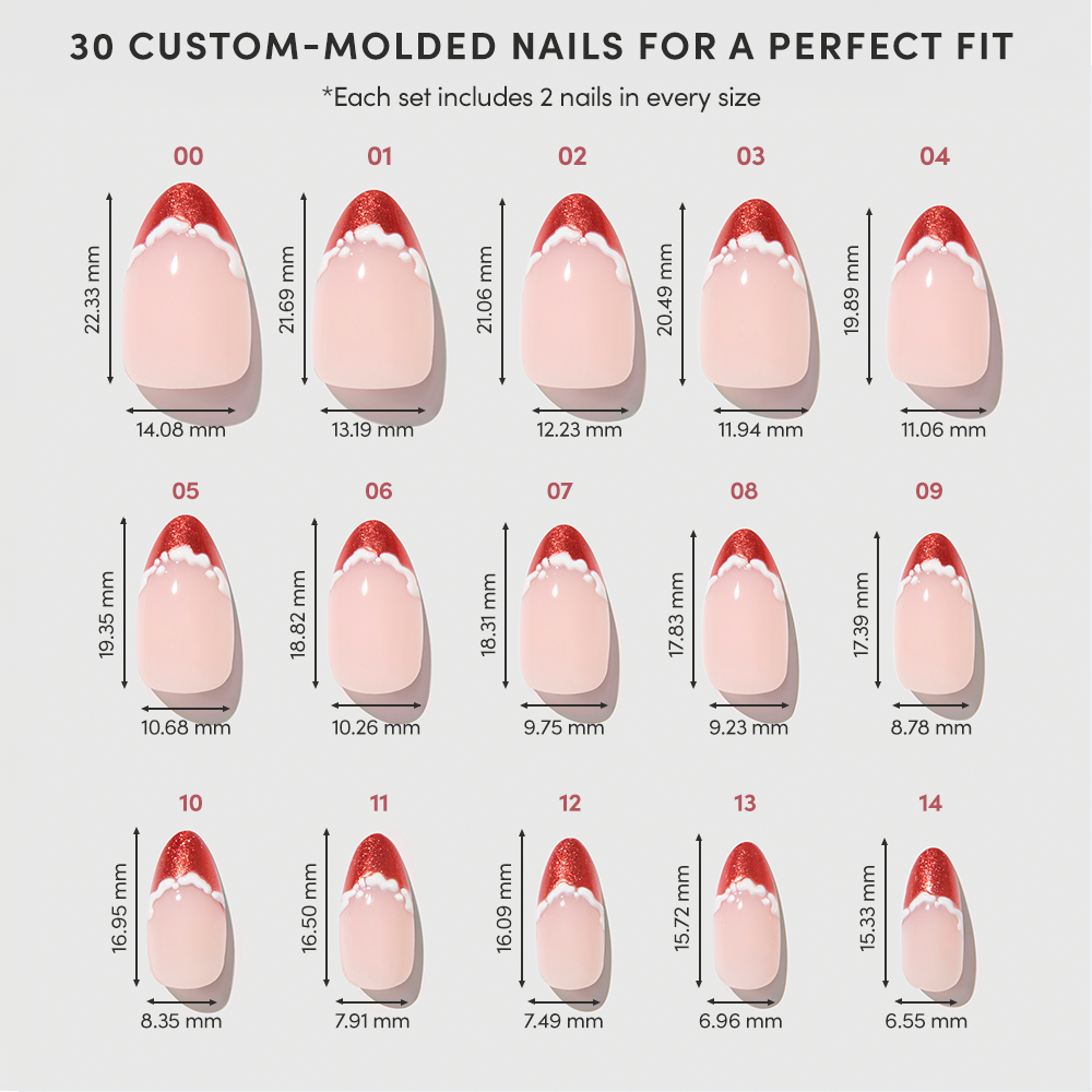 Sizing chart for 15 pairs of Glamnetic Snow Kissed almond press-on nails featuring a red glitter French tip design, with height and width measurements provided for each size. - Product image