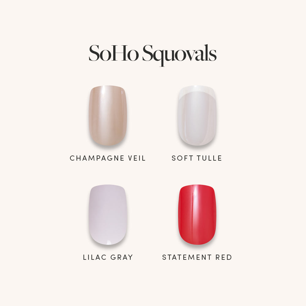 SoHo Squovals by glamnetic features four beautifully labeled short squoval press-on nails: Champagne Veil (nude), Soft Tulle (sheer white), Lilac Gray (pale purple), and Statement Red (bold red). This press-on nail set by glamnetic offers a chic and convenient way to achieve salon-perfect, long-lasting nails at home. - Product image