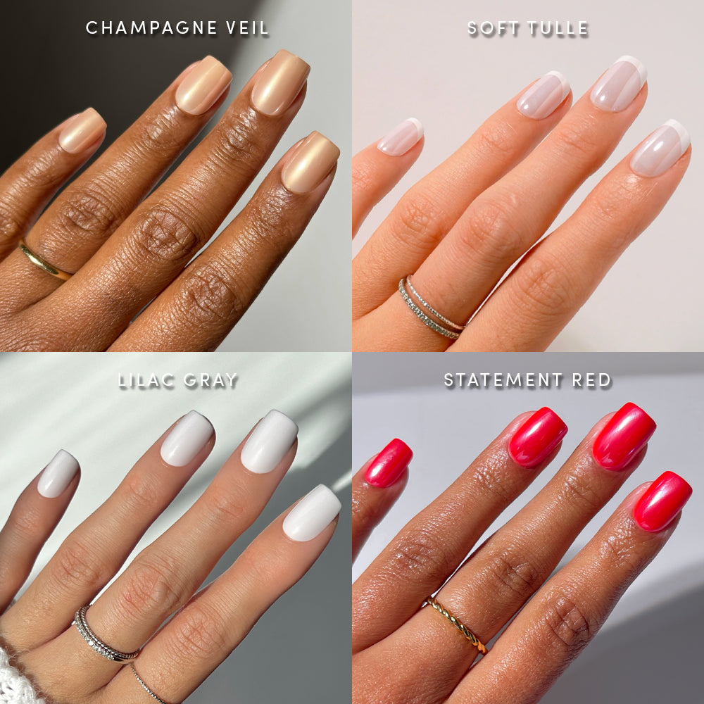 Four hands with perfectly manicured nails, each sporting a different shade from glamnetic’s SoHo Squovals: Champagne Veil (nude), Soft Tulle (pale pink), Lilac Gray (light gray), and Statement Red (bright red). This long-lasting set features short squoval press-ons for a flawless, salon-quality look in every color. - Product image