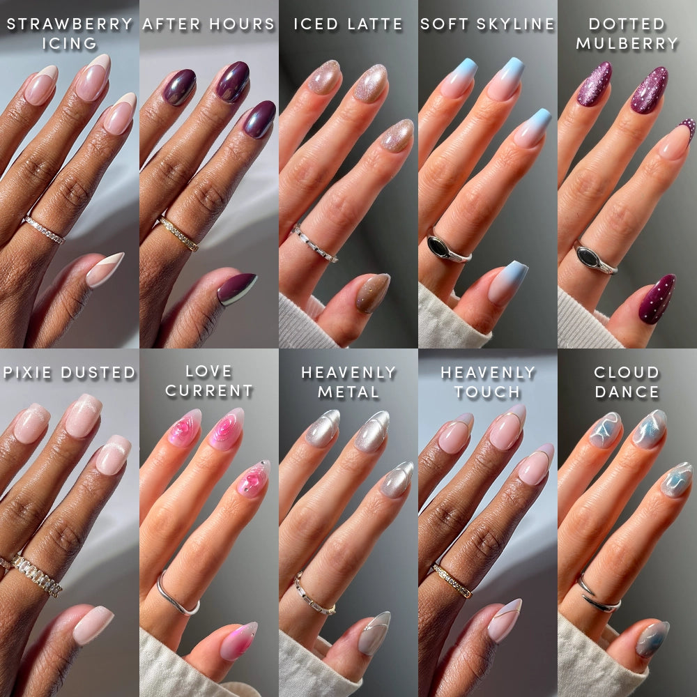 A 12-panel collage showing hands wearing different nail polish colors and nail art designs, with text labels including Strawberry Icing, After Hours Icing, Iced Latte, Soft Skyline, Dotted Mulberry, Pixie Dusted, Love Current, Heavenly Metal, Heavenly Touch, and Cloud Dance. - Product image