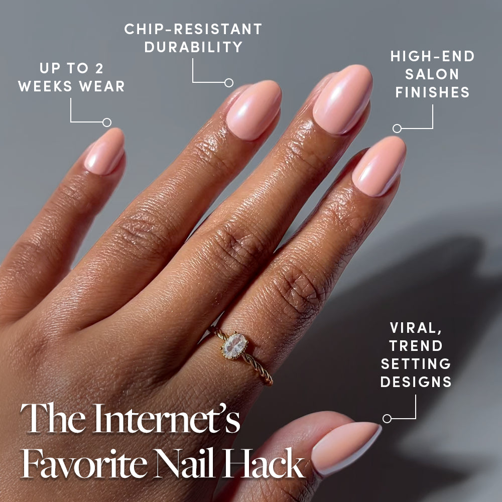 A hand with manicured, light pink, short oval nails—glamnetic’s Soft Skin—is shown. Text highlights features: up to 2 weeks wear, chip-resistant durability, high-end salon finishes, and viral, trend-setting designs. Effortless nude manicure perfection made simple with glamnetic press-on nails—Soft Skin is the Internet’s Favorite Nail Hack. - Product image