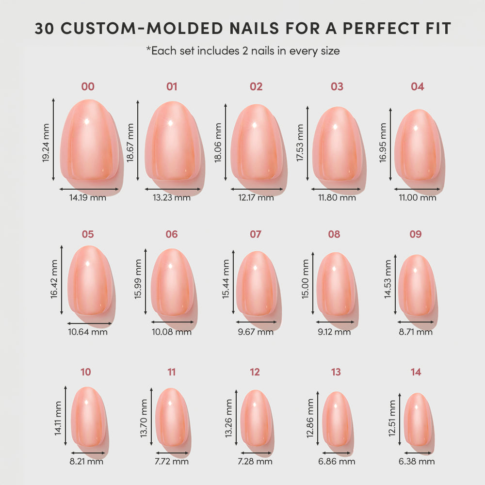 A chart displaying 15 different sizes of the glamnetic Soft Skin custom-molded artificial nails, each clearly labeled with width and height measurements in millimeters, and presented in a natural nude shade—ideal for creating a flawless nude manicure with press-on nails. - Product image